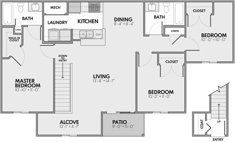 Floor plan for 3 beds, 2 baths, 1250 sqft